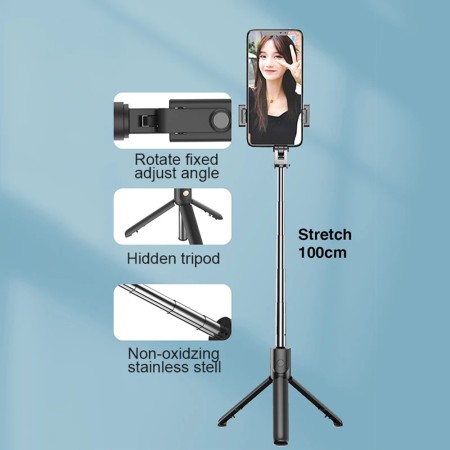 Selfie Stick Stabil cu Telecomanda, 100cm - Techsuit (S05) - Black