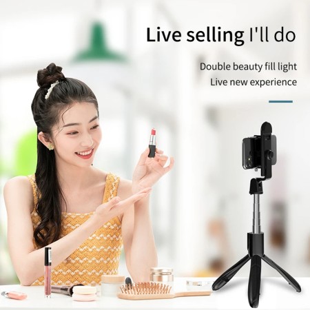 Selfie Stick cu Telecomanda si Lumina LED, Sleep Mode, 70cm - Techsuit (S01-S) - Black