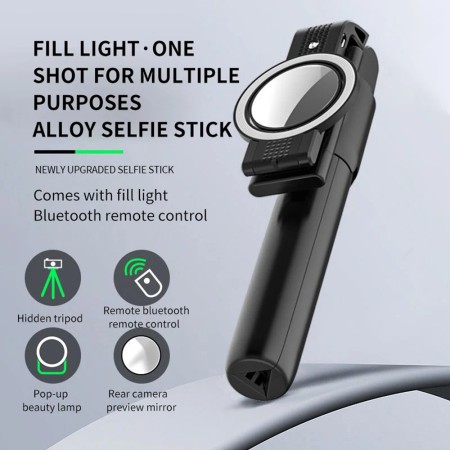 Selfie Stick cu Telecomanda si Lumina LED, 84cm - Techsuit (K13) - Black