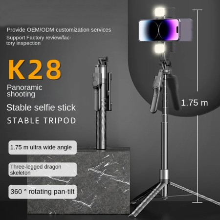 Selfie Stick cu Telecomanda si Lumina LED, 175cm - Techsuit (K28) - Black