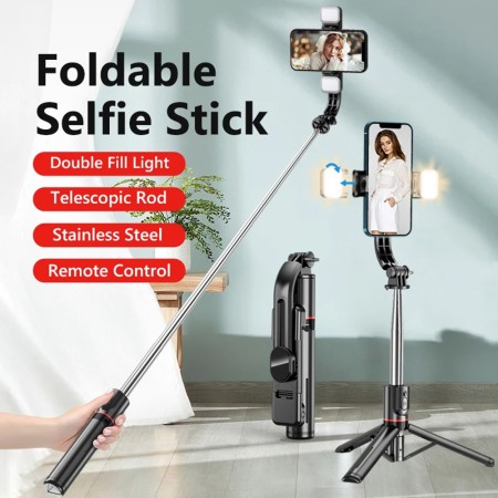 Selfie Stick Stabil cu Trepied si Lumina, 116cm - Techsuit (L13d) - Black