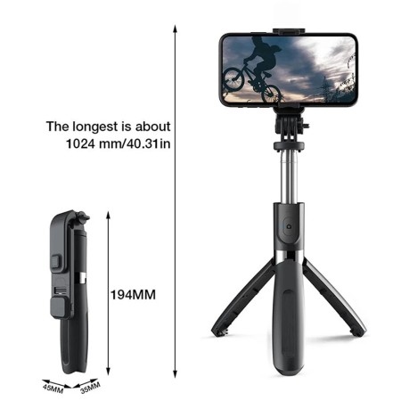 Selfie Stick cu Trepied si Telecomanda, 100cm - Techsuit (L02s) - Black