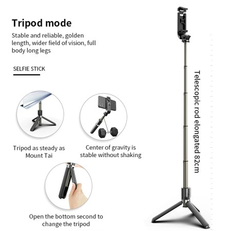 Selfie Stick cu Trepied si Telecomanda, 82cm - Techsuit (L03) - Black