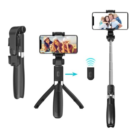 Selfie Stick si Trepied cu Telecomanda, 70cm - Techsuit (L01) - Black