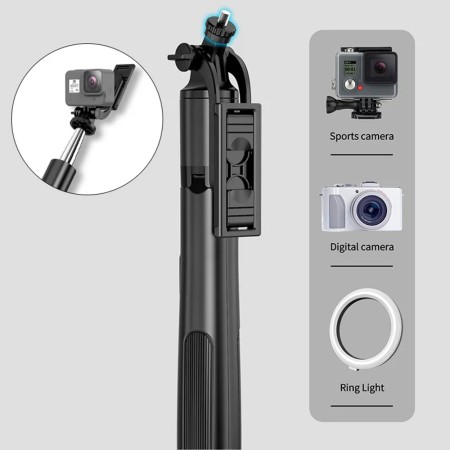 Selfie Stick Stabil cu Trepied, Telecomanda, 158cm - Techsuit (Q05) - Black