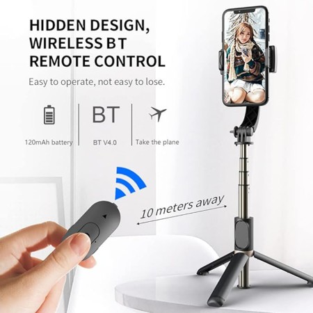 Selfie Stick cu Tripod, Telecomanda, Anti-Shake, 75cm - Techsuit (Q08) - Black