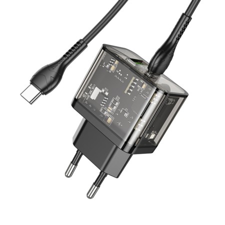 Incarcator USB, Type-C, QC3.0, 20W + Cablu Type-C, 1m - Hoco Dazzling (N34) - Transparent Black