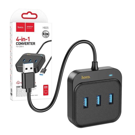 Adaptor USB la 3x USB3.0 + RJ45, 0.2m - Hoco Easy Link (HB35) - Black