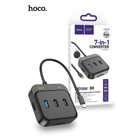 Adaptor Type-C la HDMI, SD, TF, USB3.0, 2x USB2, 100W - Hoco (HB38) - Black