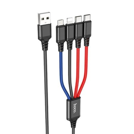 Cablu USB-A la 2xType-C, Lightning, Micro-USB, 2A, 1m - Hoco Super (X76) - Black/Red/Blue