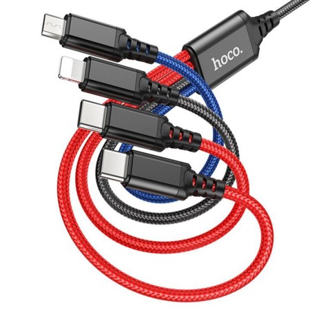 Cablu USB-A la 2xType-C, Lightning, Micro-USB, 2A, 1m - Hoco Super (X76) - Black/Red/Blue