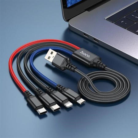 Cablu USB-A la 2xType-C, Lightning, Micro-USB, 2A, 1m - Hoco Super (X76) - Black/Red/Blue