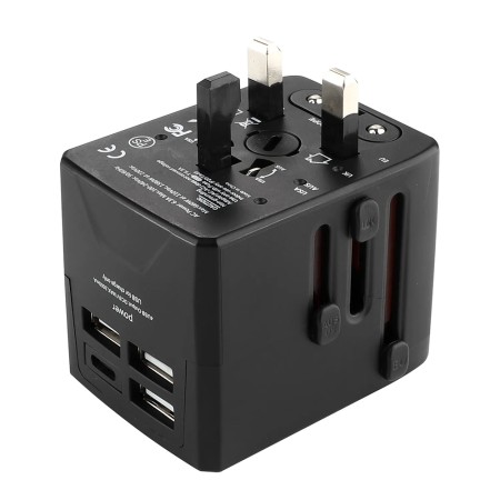 Adaptor pentru Priza 3 x USB, Type-C, EU, UK, AUS, US - Techsuit (HHT904) - Black