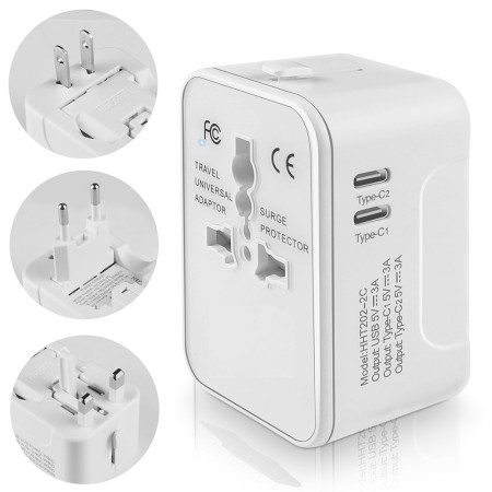 Adaptor pentru Priza 2 x USB-C, EU, UK, AUS, US - Techsuit (HHT202-2C) - White