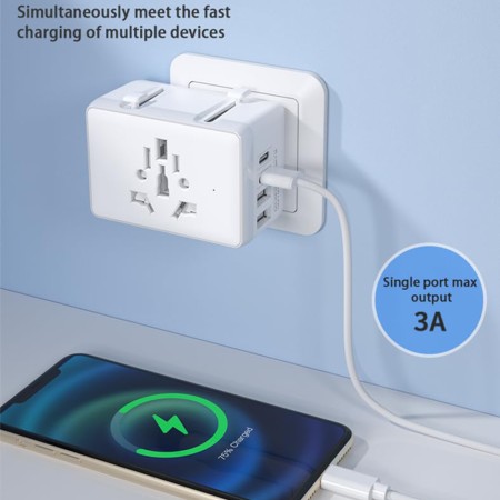 Adaptor pentru Priza 15W, 2xUSB-C, 2xUSB, EU, UK, AUS, US - Techsuit (HHt204A) - White