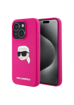 Husa pentru iPhone 15 - Karl Lagerfeld Silicone MagSafe - Fuchsia Karls Head