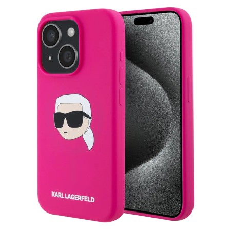 Husa pentru iPhone 15 - Karl Lagerfeld Silicone MagSafe - Fuchsia Karls Head