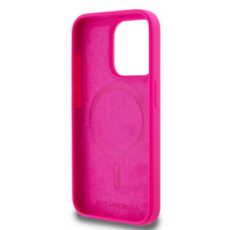 Husa pentru iPhone 15 - Karl Lagerfeld Silicone MagSafe - Fuchsia Karls Head