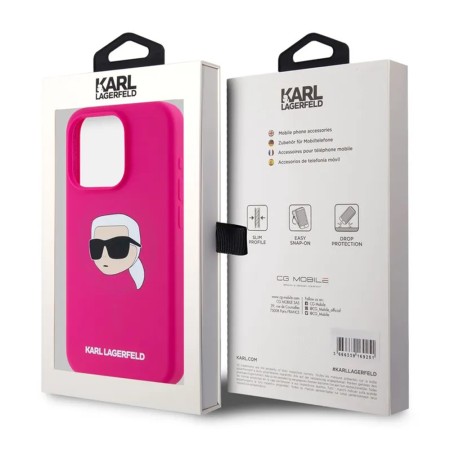 Husa pentru iPhone 15 - Karl Lagerfeld Silicone MagSafe - Fuchsia Karls Head