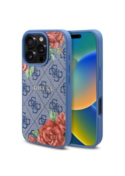 Husa pentru iPhone 16 Pro - Guess Hardcase 4G Flower Print MagSafe - Blue