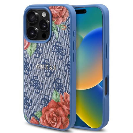 Husa pentru iPhone 16 Pro - Guess Hardcase 4G Flower Print MagSafe - Blue