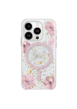 Husa pentru iPhone 16 - Guess Hardcase Resin Flowers and Glitter MagSafe - Pink