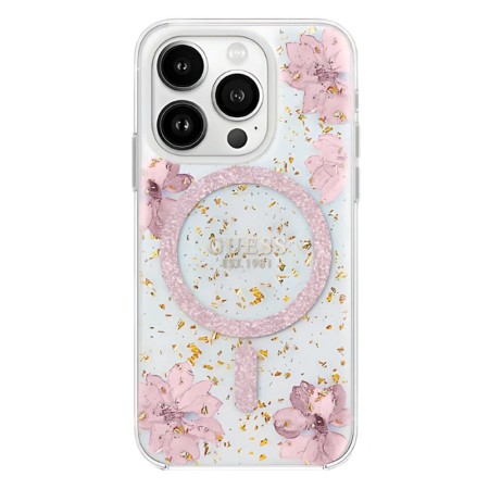 Husa pentru iPhone 16 - Guess Hardcase Resin Flowers and Glitter MagSafe - Pink