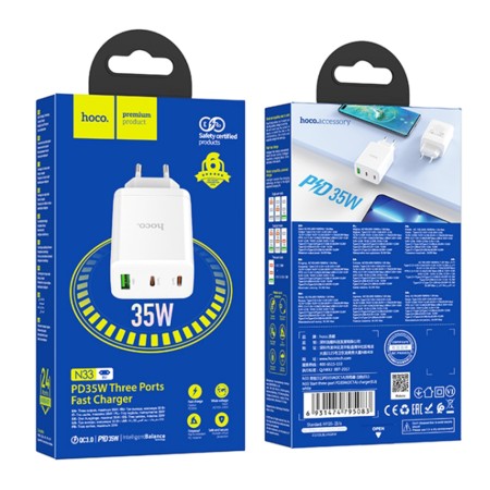 Incarcator pentru Priza USB, 2x Type-C, PD35W - Hoco Start (N33) - White