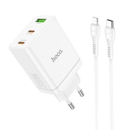 Incarcator pentru Priza USB, 2x Type-C, PD35W + Cablu Type-C la Lightning - Hoco Start (N33) - White