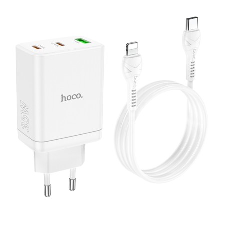 Incarcator pentru Priza USB, 2x Type-C, PD35W + Cablu Type-C la Lightning - Hoco Start (N33) - White