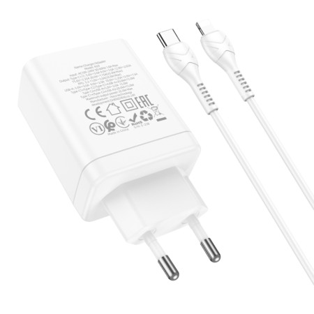 Incarcator pentru Priza USB, 2x Type-C, PD35W + Cablu Type-C la Lightning - Hoco Start (N33) - White