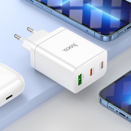 Incarcator pentru Priza USB, 2x Type-C, PD35W + Cablu Type-C la Lightning - Hoco Start (N33) - White