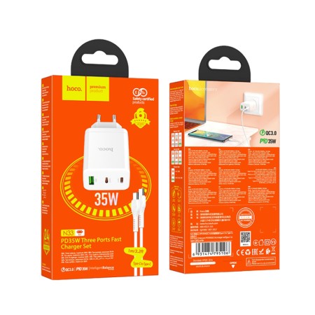 Incarcator pentru Priza USB, 2x Type-C, PD35W + Cablu Type-C la Type-C - Hoco Start (N33) - White