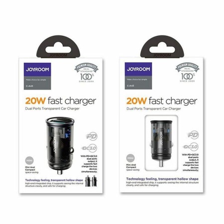 JoyRoom - Car Charger (C-A43) - Type-C PD20W, USB QC3.0, Fast Charging - Grey