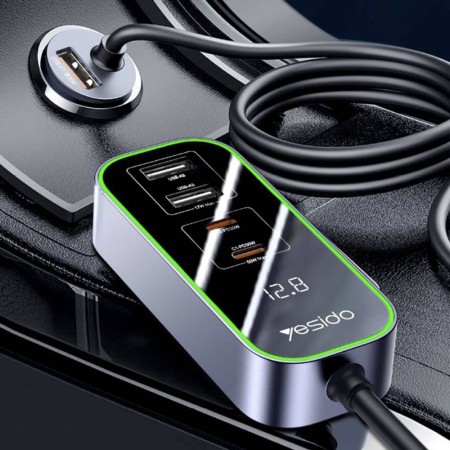 Yesido - Car Charger (Y53) - Ports Extensions, 3x USB, 2x Type-C, QC3.0, 97W, Ambiental Light - Black