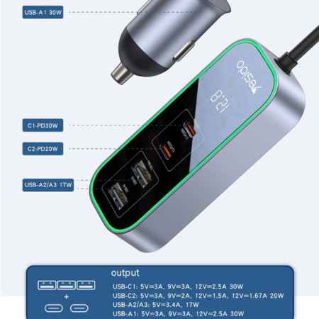 Yesido - Car Charger (Y53) - Ports Extensions, 3x USB, 2x Type-C, QC3.0, 97W, Ambiental Light - Black