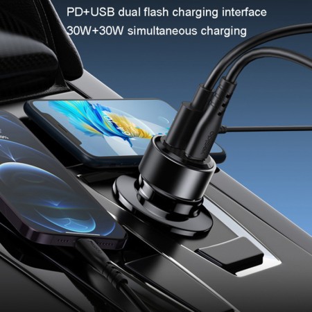 Yesido - Car Charger (Y54) - USB, Type-C, Fast Charging, 60W, with Cable USB-C to Lightning - Black