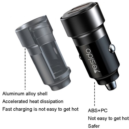 Yesido - Car Charger (Y54) - USB, Type-C, Fast Charging, 60W, with Cable USB-C to Lightning - Black