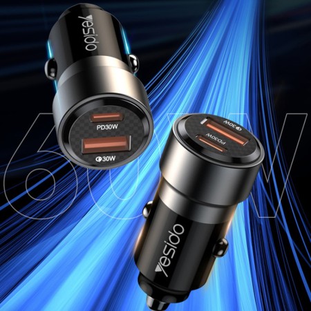 Yesido - Car Charger (Y55) - USB, Type-C, Fast Charging, 60W, with Cable USB-C to Type-C - Black