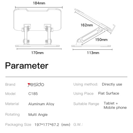 Yesido - Desk Holder (C185) - Foldable Design, Anti-Slip Silicone, for Phone, Tablet 4.5 - 13" - Silver