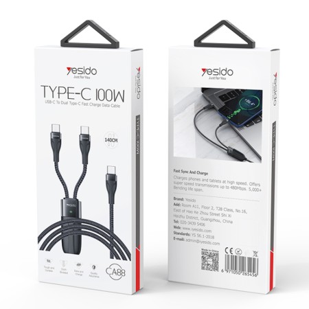 Yesido - Data Cable (CA88) - Type-C to 2 x Type-C, 100W, 480Mbps, 1.4m - Black