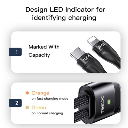 Yesido - Data Cable (CA87) - Type-C to Type-C, Lightning, 100W, 480Mbps, 1.4m - Black