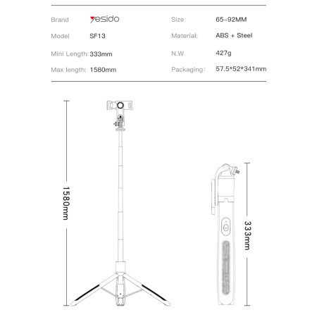 Yesido - Selfie Stick (SF13) - Stable, Adjustable, 360° Rotation, Remote Controller, Screw 1/4 Compatible - Black