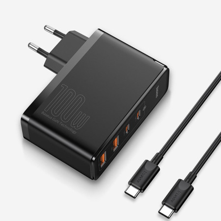 Incarcator 2x USB-C PD 100W, 2x USB-A QC3.0 cu Cablu Tip-C la Tip-C Baseus (CCGAN2P-L01), Negru