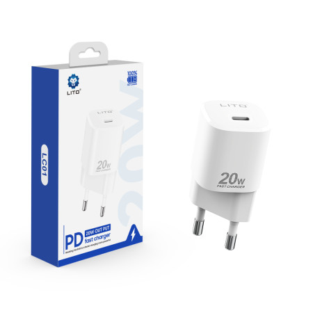 Incarcator Retea Lito Tipe-C PD20W Fast Charging pentru iPhone, Samsung, iPad, Alb