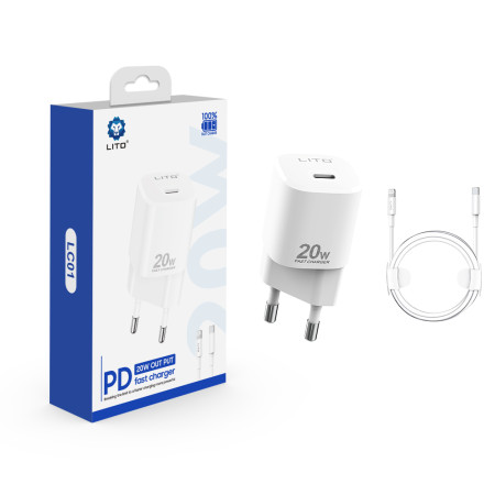 Incarcator retea Lito Tip-C PD20W Fast Charging pentru iPhone, iPad cu Cable USB-C la Lightning, 1m, Alb