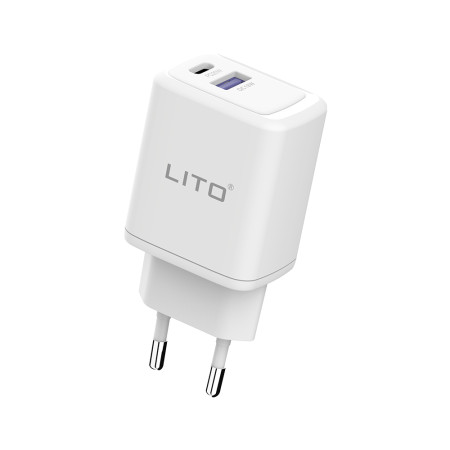 Incarcator retea Lito Tipe-C PD20W, USB-A 18W, Fast Charging pentru iPhone, Samsung, iPad, Alb