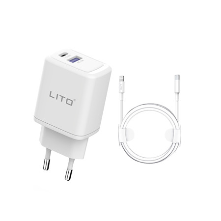 Incarcator priza Lito Tip-C PD20W, USB-A 18W, Fast Charging cu Cablu USB-C la Lightning, 1m, Alb