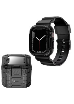 Husa compatibila Apple Watch 4 / 5 / 6 / SE / SE 2 / 7 / 8 / 9 44mm,45mm si Curea Carbon RuggedArmor, Black