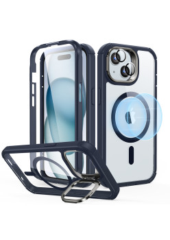 Husa pentru iPhone 15 + Folie ESR Armor Tough Kickstand HaloLock, Clear Dark Blue